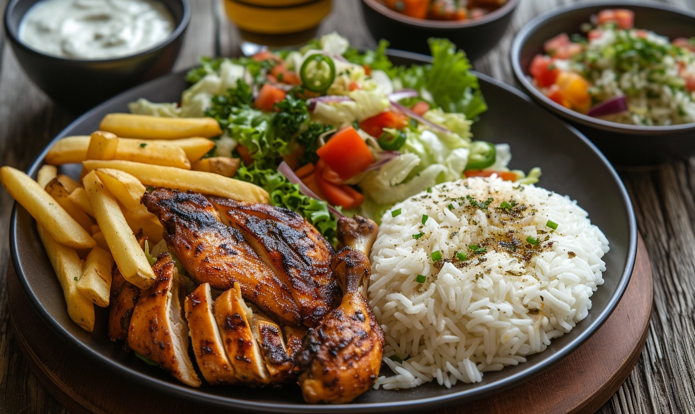 An overhead view of a colorful platter of Chicken Muamba served with fluffy white rice and garnished with fresh cilantro leaves, showcasing the dish's hearty and aromatic appeal.
