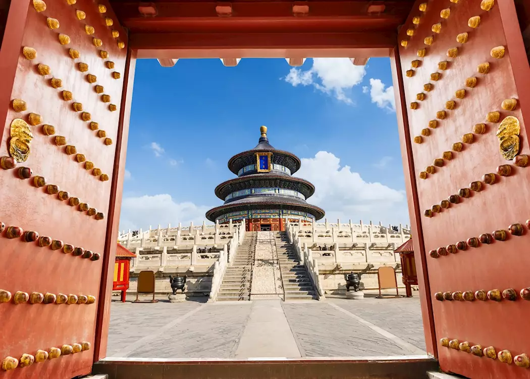 Intricate carvings and blue-tiled roof of the Temple of Heaven.